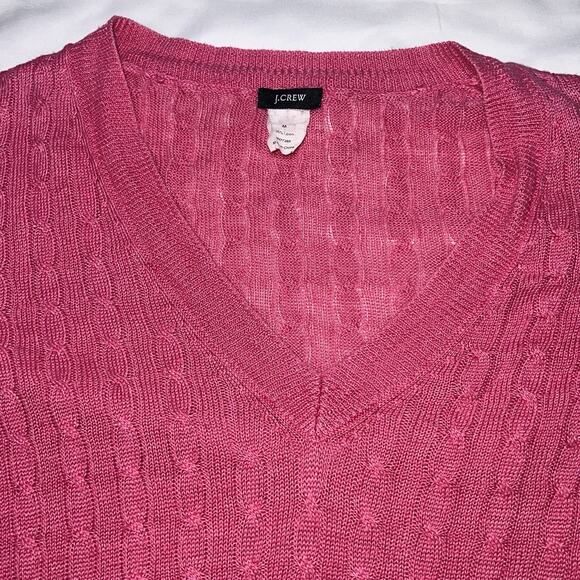 J.Crew Sweater Women’s Size M Pink Cable Knit Linen V Neck Pullover Long Sleeve - Picture 2 of 14